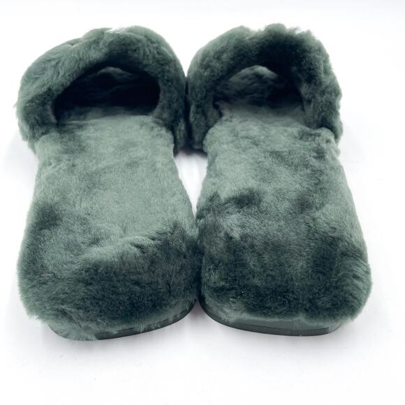 Tory Burch Double T Shearling Slide Sandals Forest Green Square Toe Fur Sz 7 - Picture 5 of 8